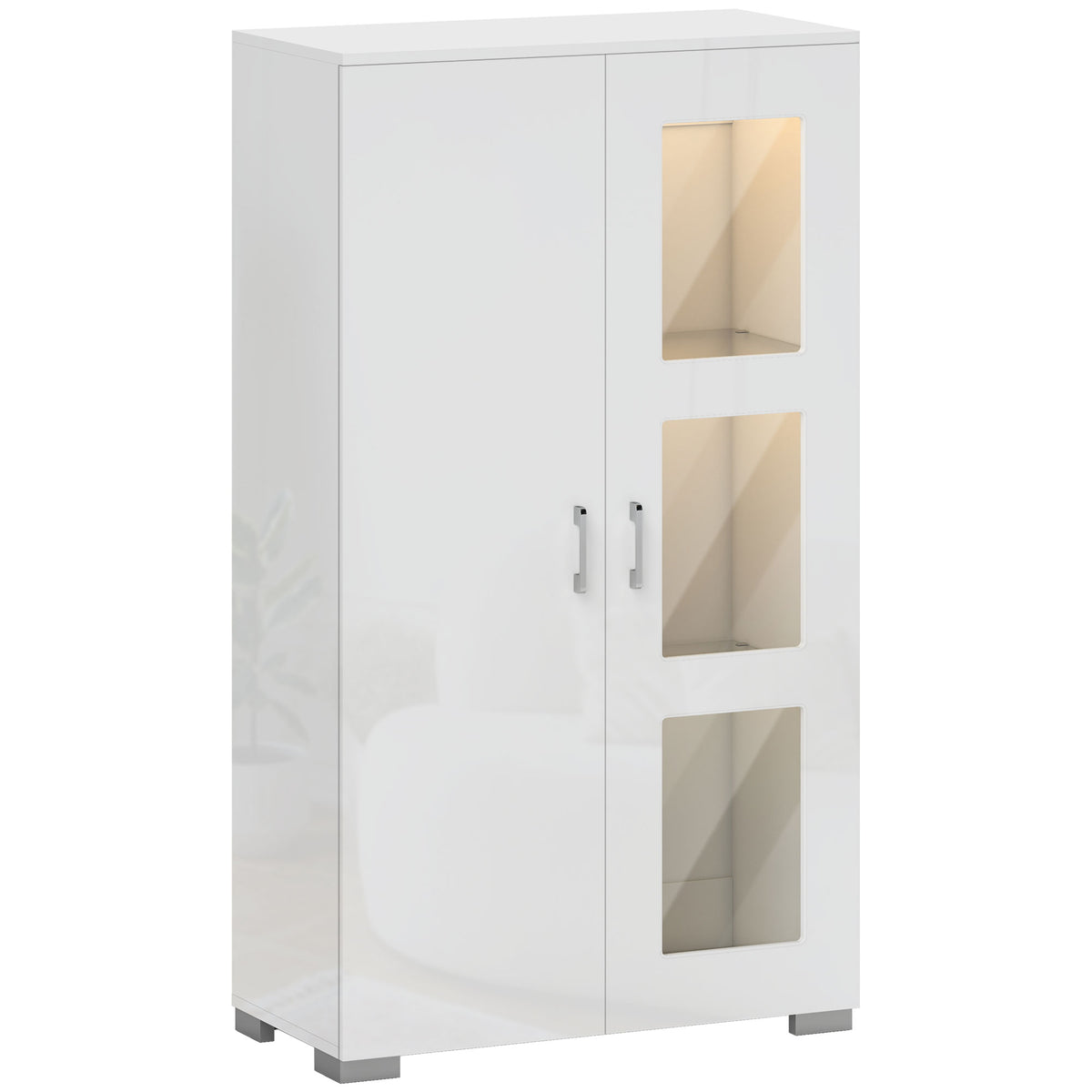 Photo of HOMCOM High Gloss Sideboard, Display Cabinet with 16-Colour RGB LED Lights and Remote Control, Modern Storage Cupboard with Glass Doors and Shelves for Living Room, Dining Room, Kitchen, White in White colour on a white background