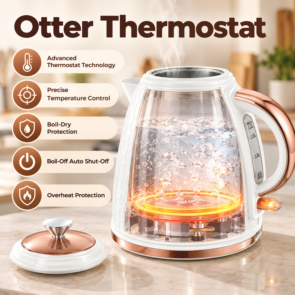 Clear glass electric kettle with rose gold handle, visible heating element, and removable lid