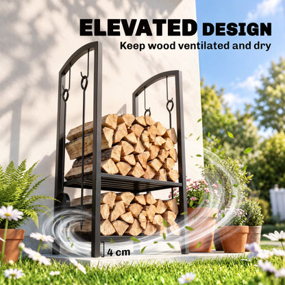 Elevated two-tier black firewood rack holding logs above the ground
