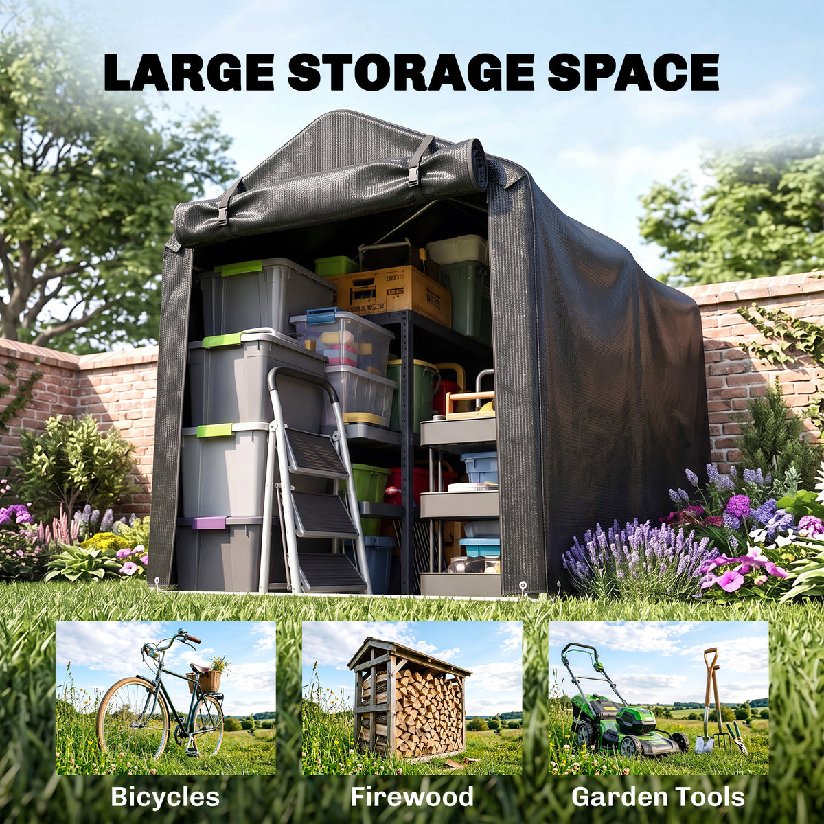 Outsunny black garden storage tent with roll-up door, holding bins, a ladder and garden supplies