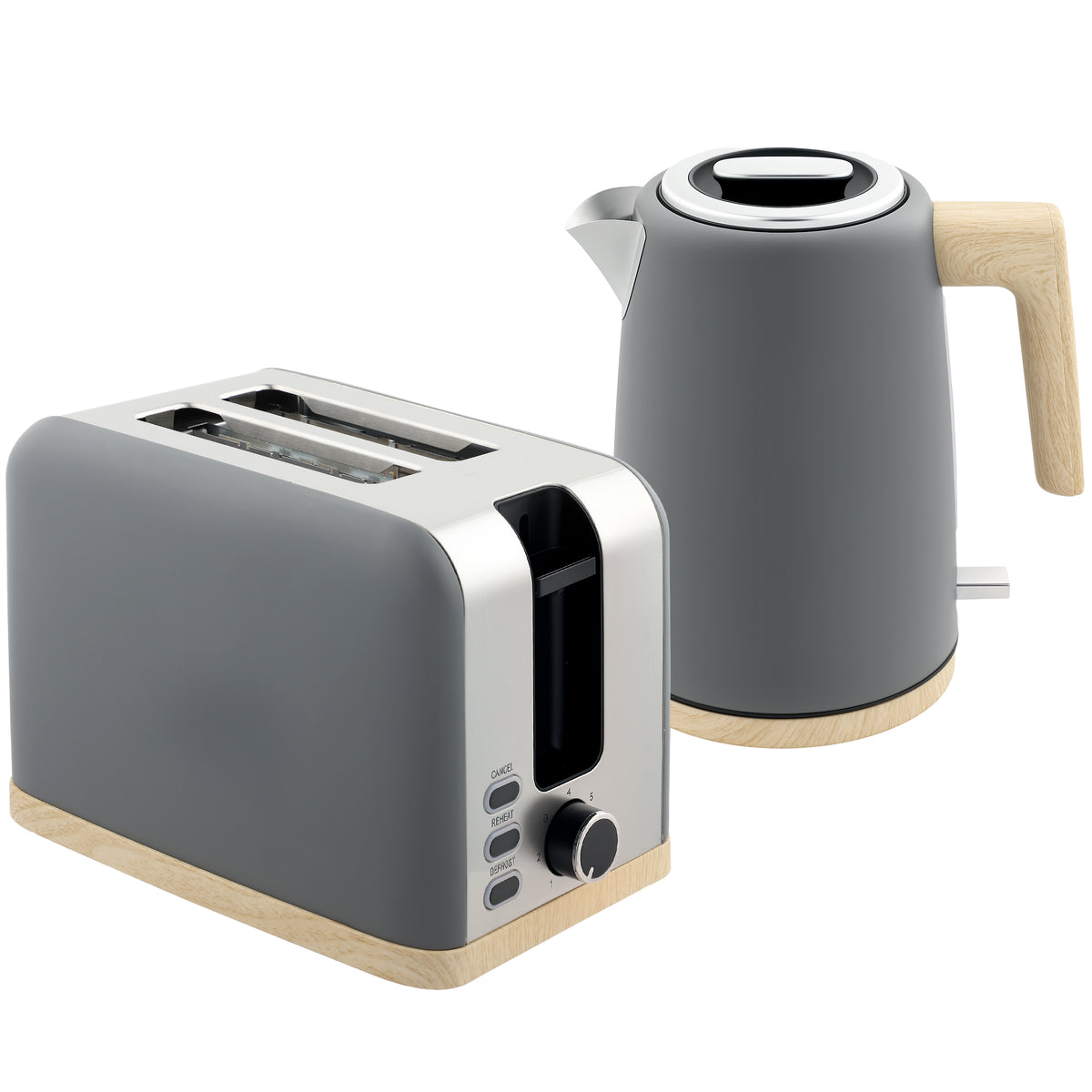 Grey stainless steel kettle and two-slice toaster set with wood-look accents