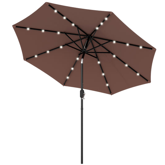 Photo of Outsunny Φ2.7m Garden 24 LED Light Parasol Solar Outdoor Tilt Sun Umbrella Patio Club Party Event Manual Sun Shade w/ Hand Crank and 8 Ribs, Brown in Brown colour on a white background