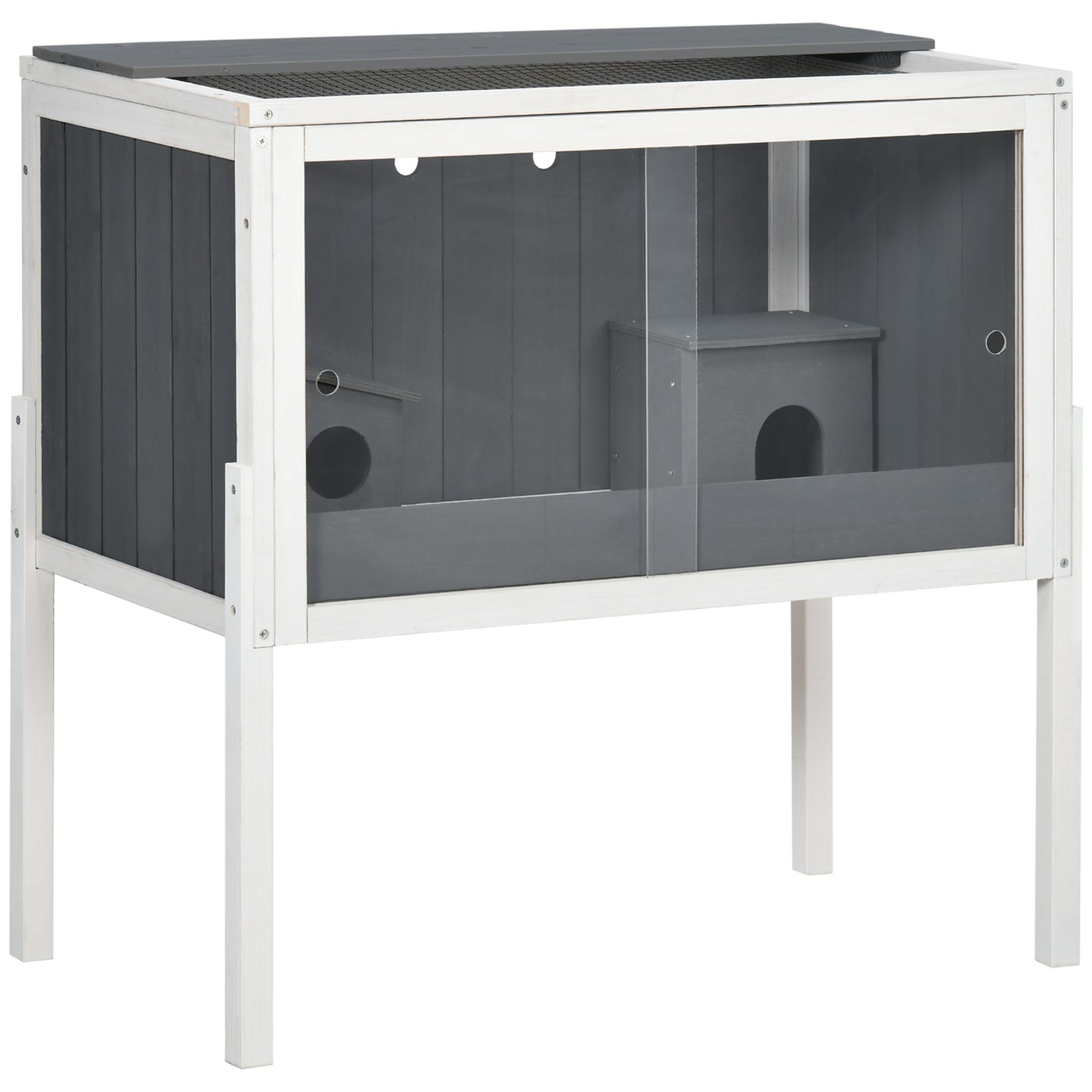 Photo of PawHut Wooden Hamster Cage for Dwarf Hamsters, Gerbils, Rutin Chicken, with Shelf, Two Huts - Grey in Grey colour on a white background