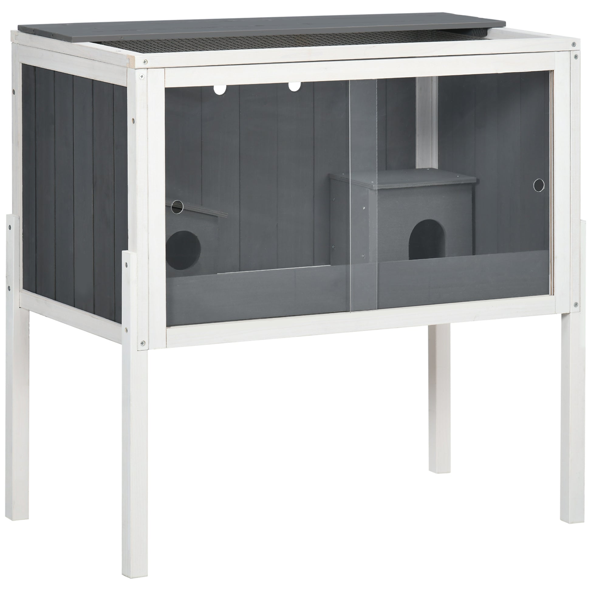 Photo of PawHut Wooden Hamster Cage for Dwarf Hamsters, Gerbils, Rutin Chicken, with Shelf, Two Huts - Grey in Grey colour on a white background