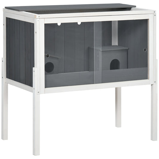Photo of PawHut Wooden Hamster Cage for Dwarf Hamsters, Gerbils, Rutin Chicken, with Shelf, Two Huts - Grey in Grey colour on a white background