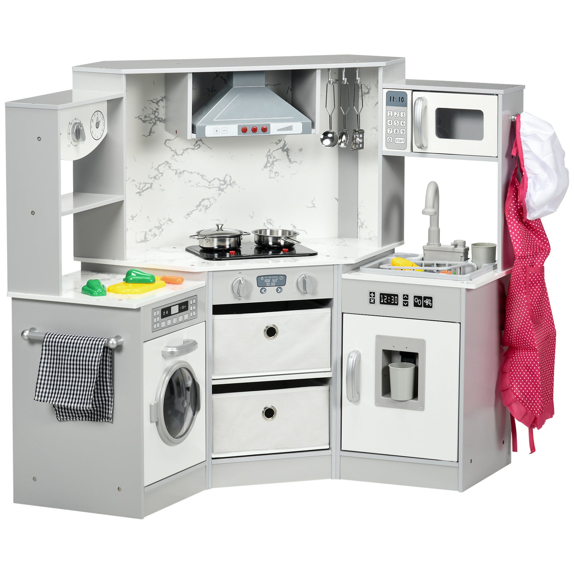 Photo of AIYAPLAY Toy Kitchen with Running Water, Lights, Sounds, Apron and Chef Hat, Water Dispenser, for Ages 3-6 Years, Grey in Grey colour on a white background