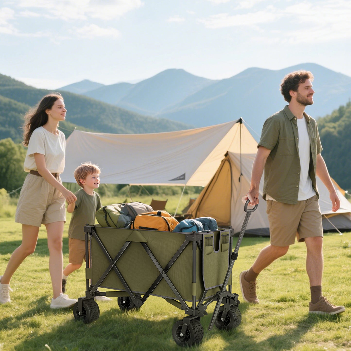 Outsunny 300L Festival Trolley on Wheels, Folding Camping Trolley Cart, Heavy Duty Collapsible Wagon Cart with Wide Wheels, Side Pockets for Outdoor Garden Picnic Beach Shopping Fishing, Green