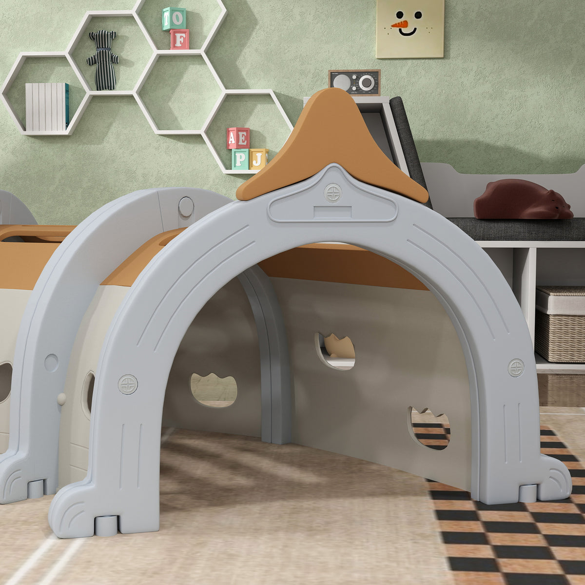 AIYAPLAY play tunnel entrance with brown monkey cap, gray arch and side holes
