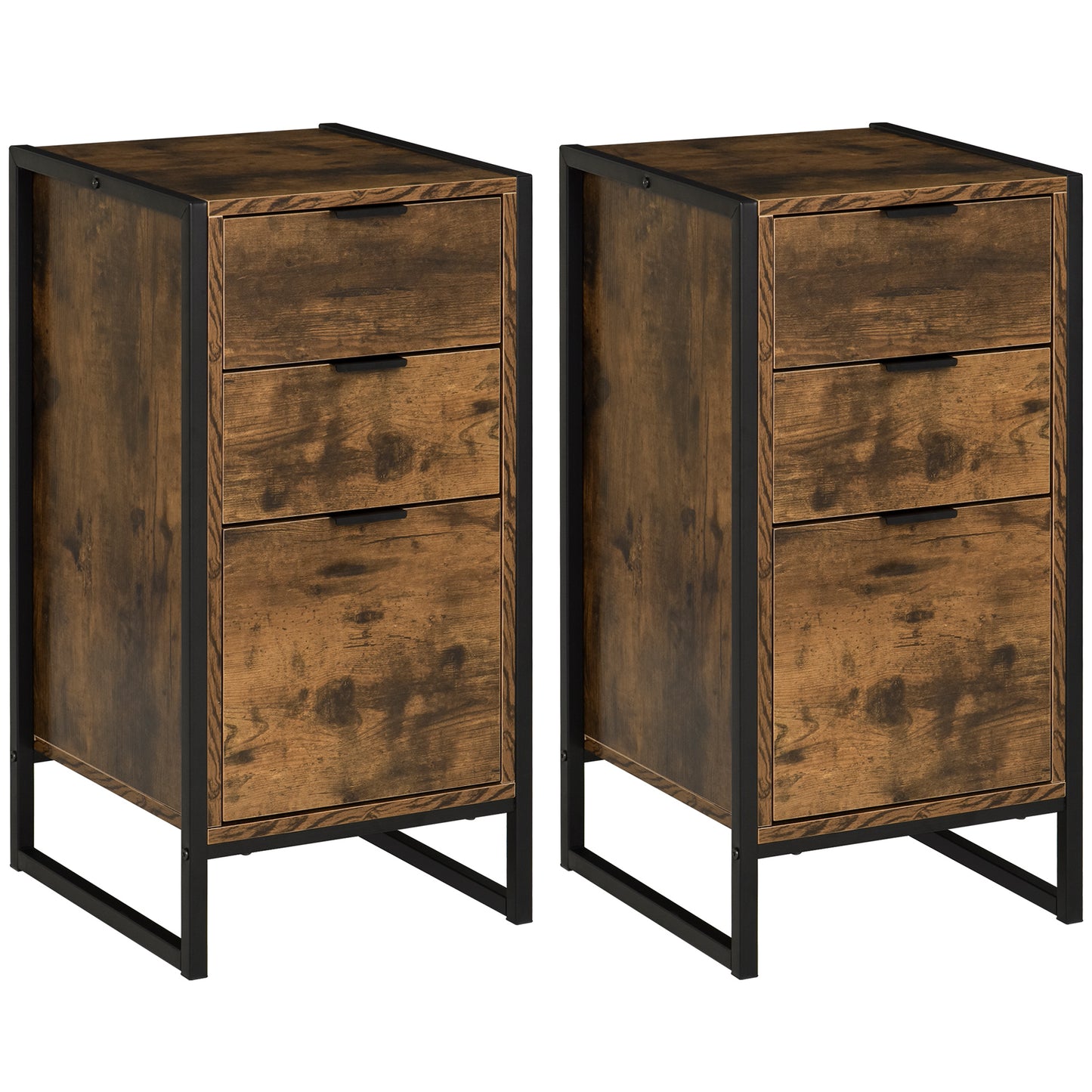 Photo of HOMCOM Bedroom Chest of Drawers Set of 2, Industrial 3-Drawer Dresser, Storage Drawers Unit with Metal Frame for Living Room, Rustic Brown in Brown colour on a white background
