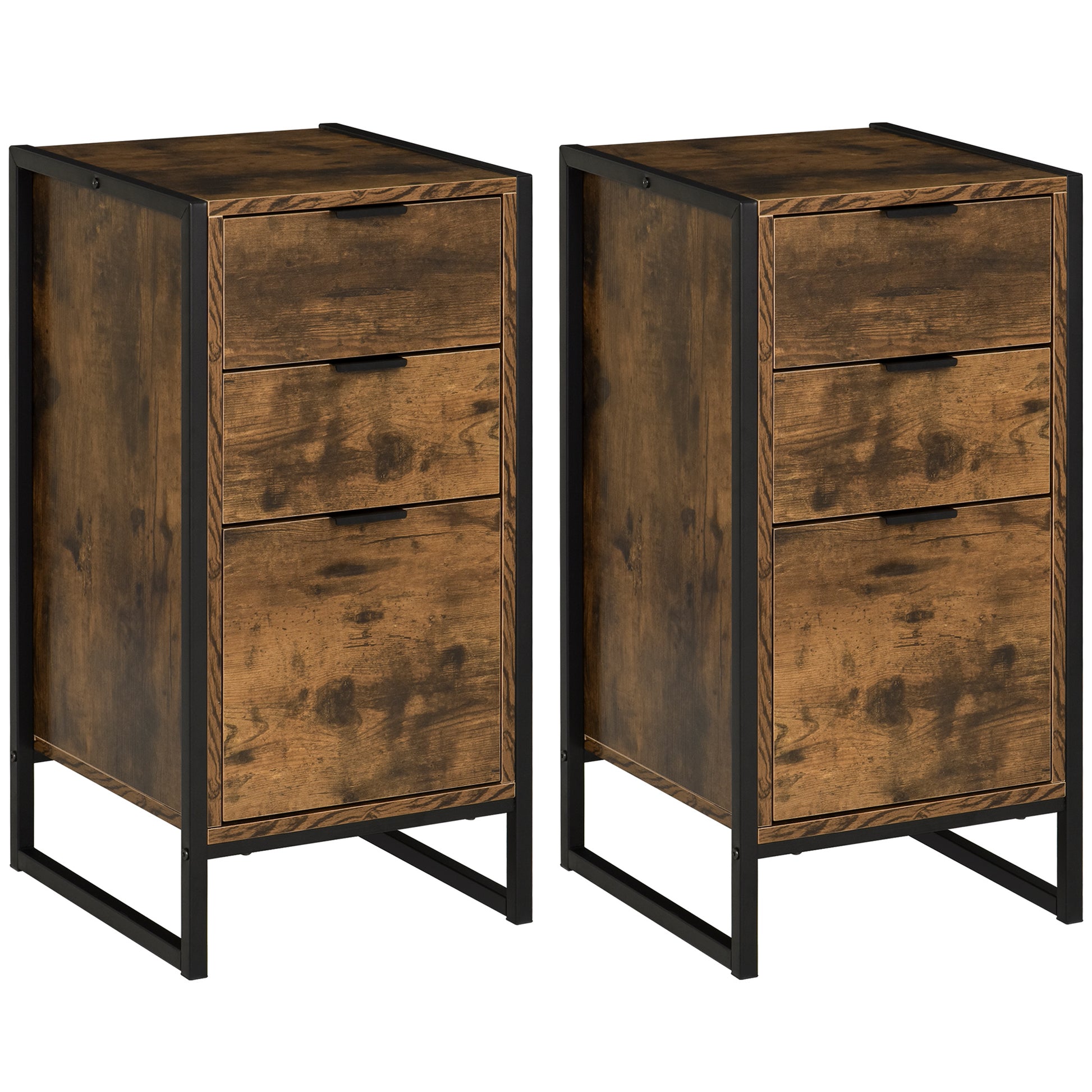 Photo of HOMCOM Bedroom Chest of Drawers Set of 2, Industrial 3-Drawer Dresser, Storage Drawers Unit with Metal Frame for Living Room, Rustic Brown in Brown colour on a white background