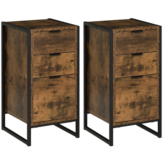 Photo of HOMCOM Bedroom Chest of Drawers Set of 2, Industrial 3-Drawer Dresser, Storage Drawers Unit with Metal Frame for Living Room, Rustic Brown in Brown colour on a white background