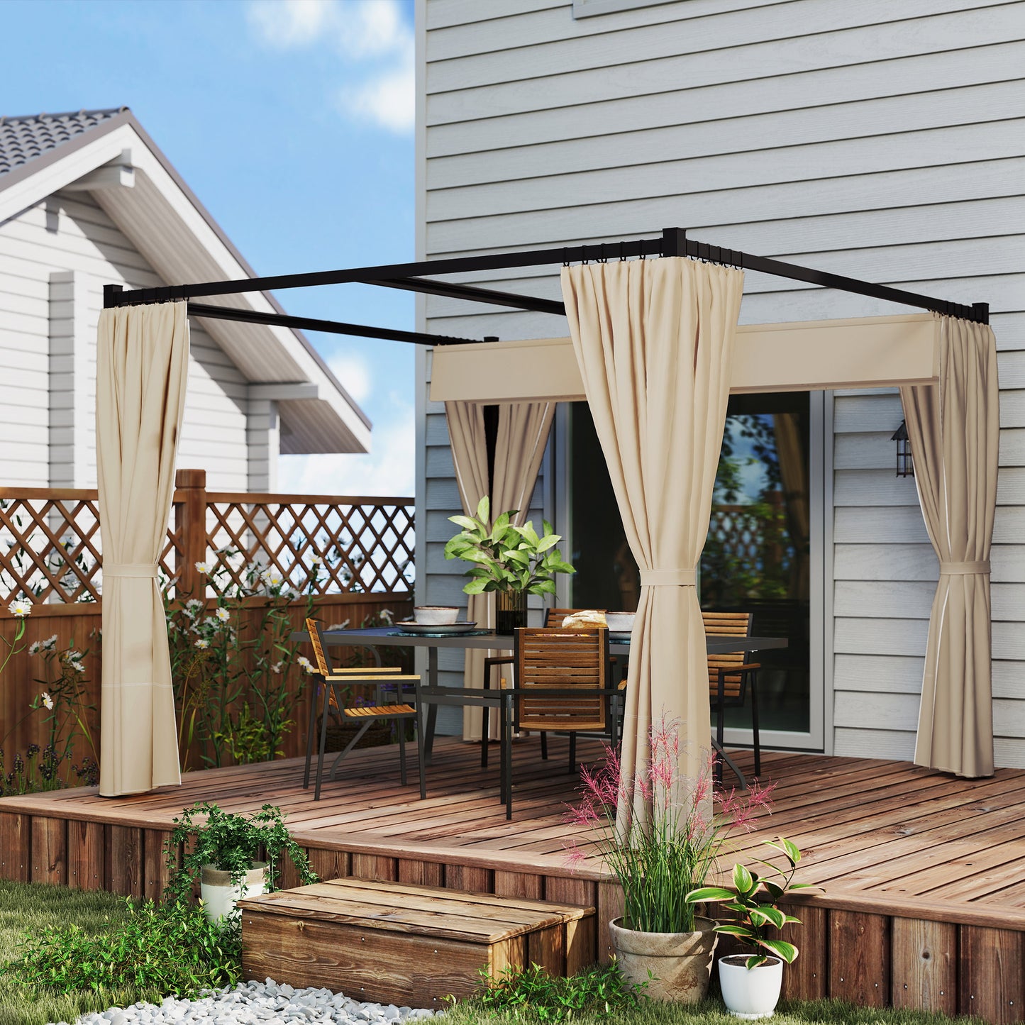 Outsunny 3 x 3m Retractable Pergola with Curtains, Metal Garden Gazebo Canopy for Patio, Deck & Outdoor Dining, UV-Resistant, Beige