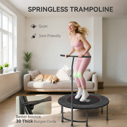Black springless fitness trampoline with handle and bungee-cord rebound surface