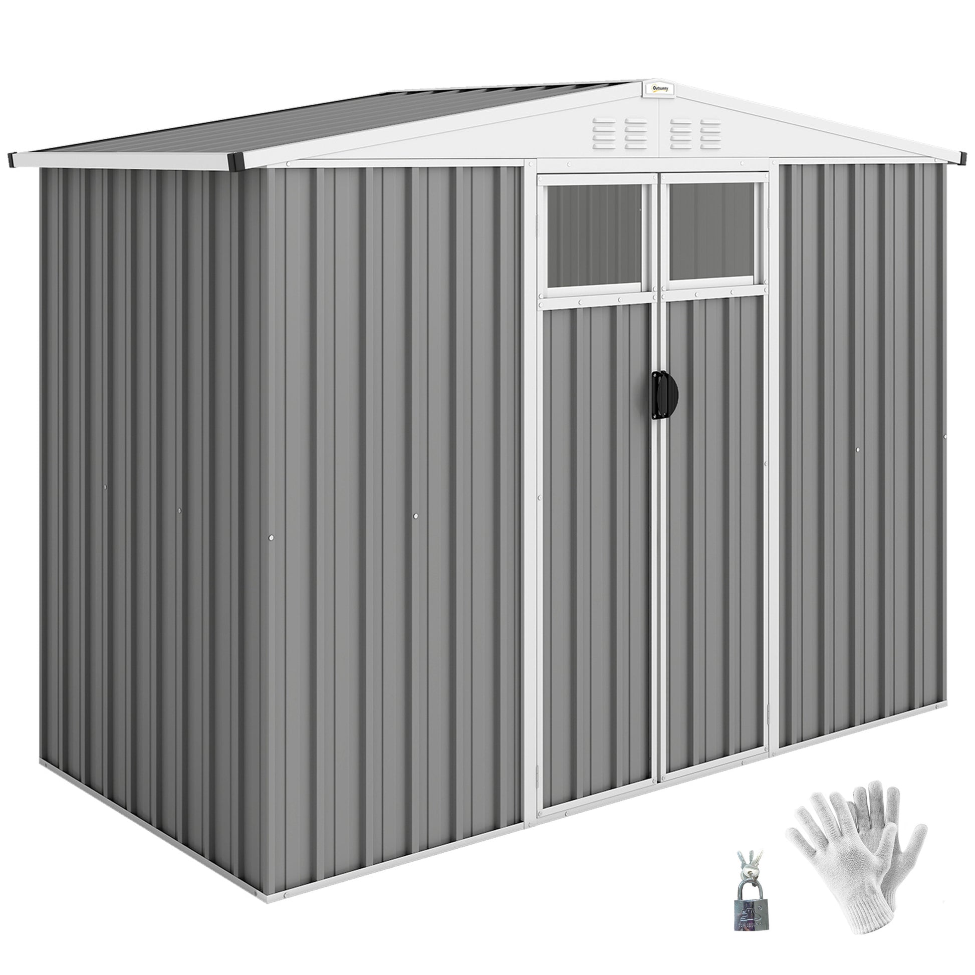 Photo of Outsunny 8 x 4 ft Metal Garden Shed, Garden Storage Shed with Window, 4 Vents and Lockable Door, Waterproof Galvanised Steel Tool Storage Shed, Light Grey in Grey colour on a white background