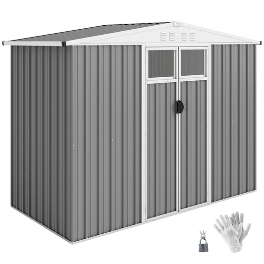 Photo of Outsunny 8 x 4 ft Metal Garden Shed, Garden Storage Shed with Window, 4 Vents and Lockable Door, Waterproof Galvanised Steel Tool Storage Shed, Light Grey in Grey colour on a white background