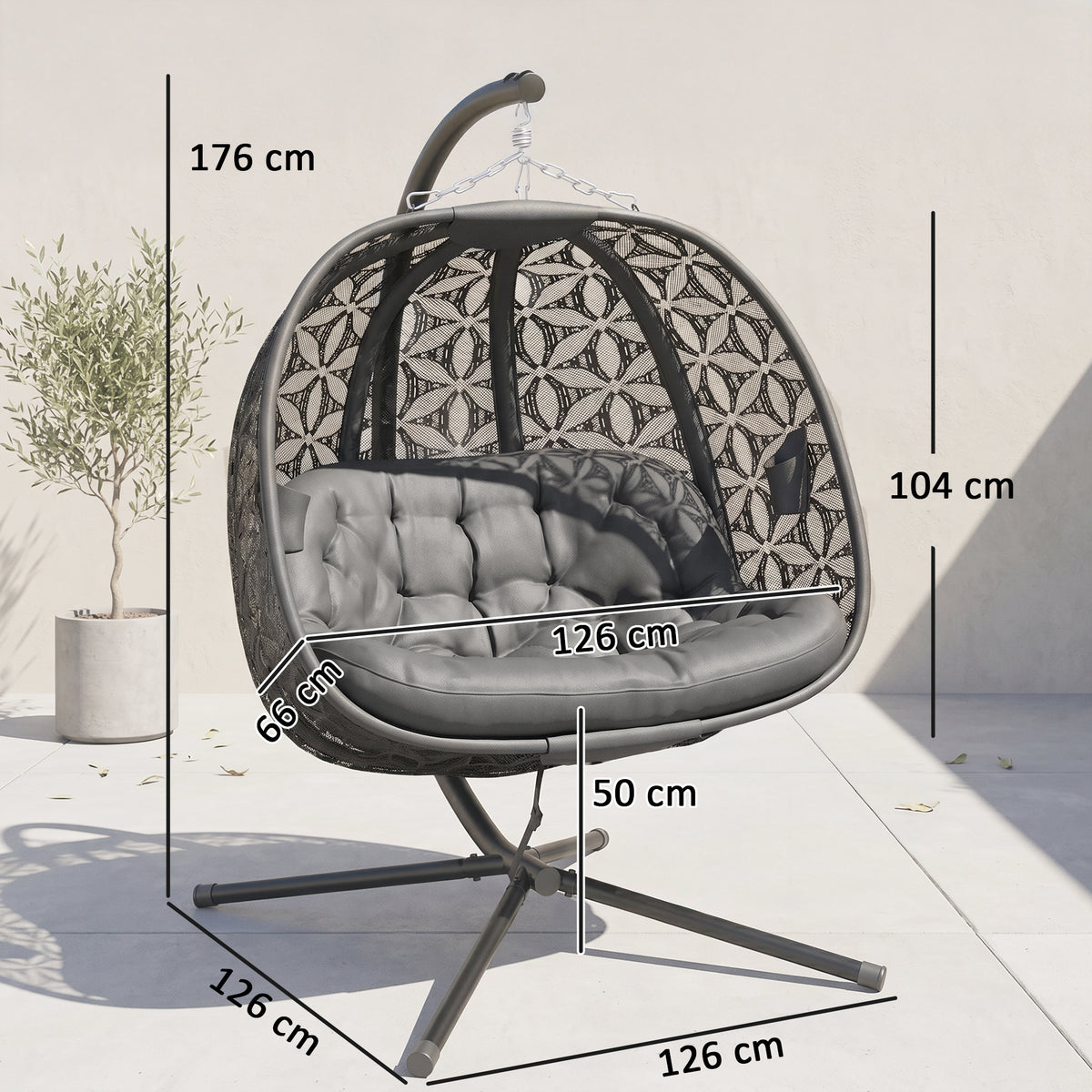 Outsunny double hanging chair with patterned basket and padded cushion; dimensions shown