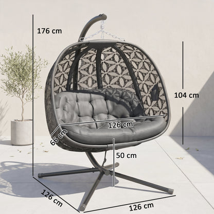 Outsunny double hanging chair with patterned basket and padded cushion; dimensions shown