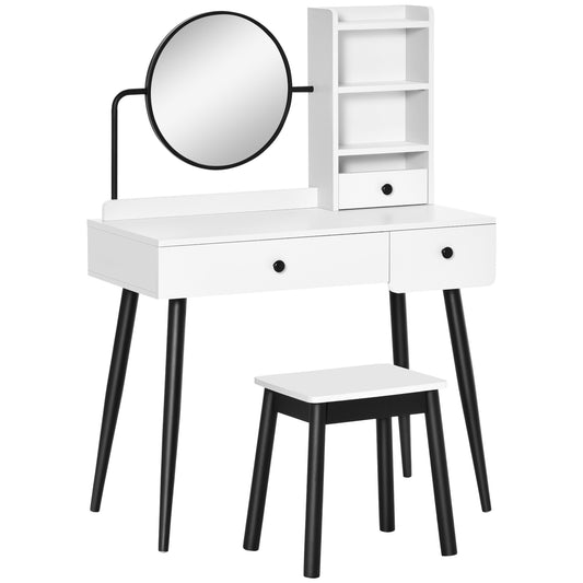 Photo of HOMCOM Dressing Table Set with Mirror and Stool, Vanity Makeup Table with 3 Drawers and Open Shelves for Bedroom, Living Room, White in White colour on a white background