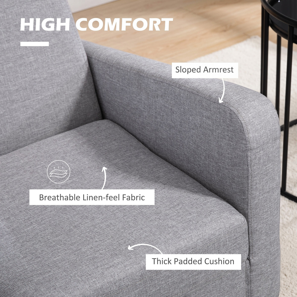 Armchair close-up showing linen-look fabric, sloped armrest, and thick padded cushion