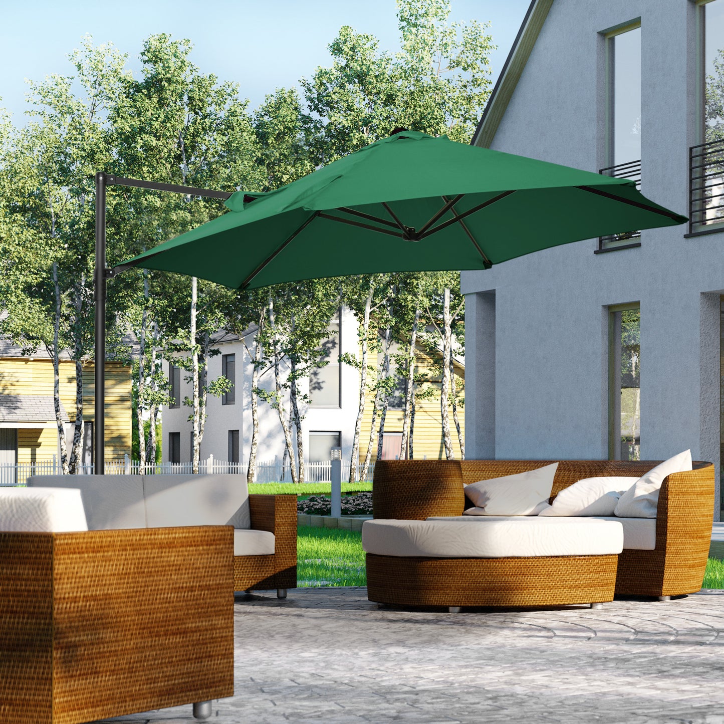 Outsunny 2.5M Garden Cantilever Parasol, Offset Roma Patio Umbrella Hanging Sun Shade Canopy Shelter with 360° Rotation and Cross Base, Green