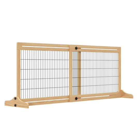 Photo of PawHut Freestanding Dog Gate, Foldable Pet Fence, Indoor Wood Barrier, Stair Gate with Support Feet, for Doorway, Hallway, Small and Medium Dogs, 69H x 104-180 cm, Natural Wood Finish in Finish colour on a white background
