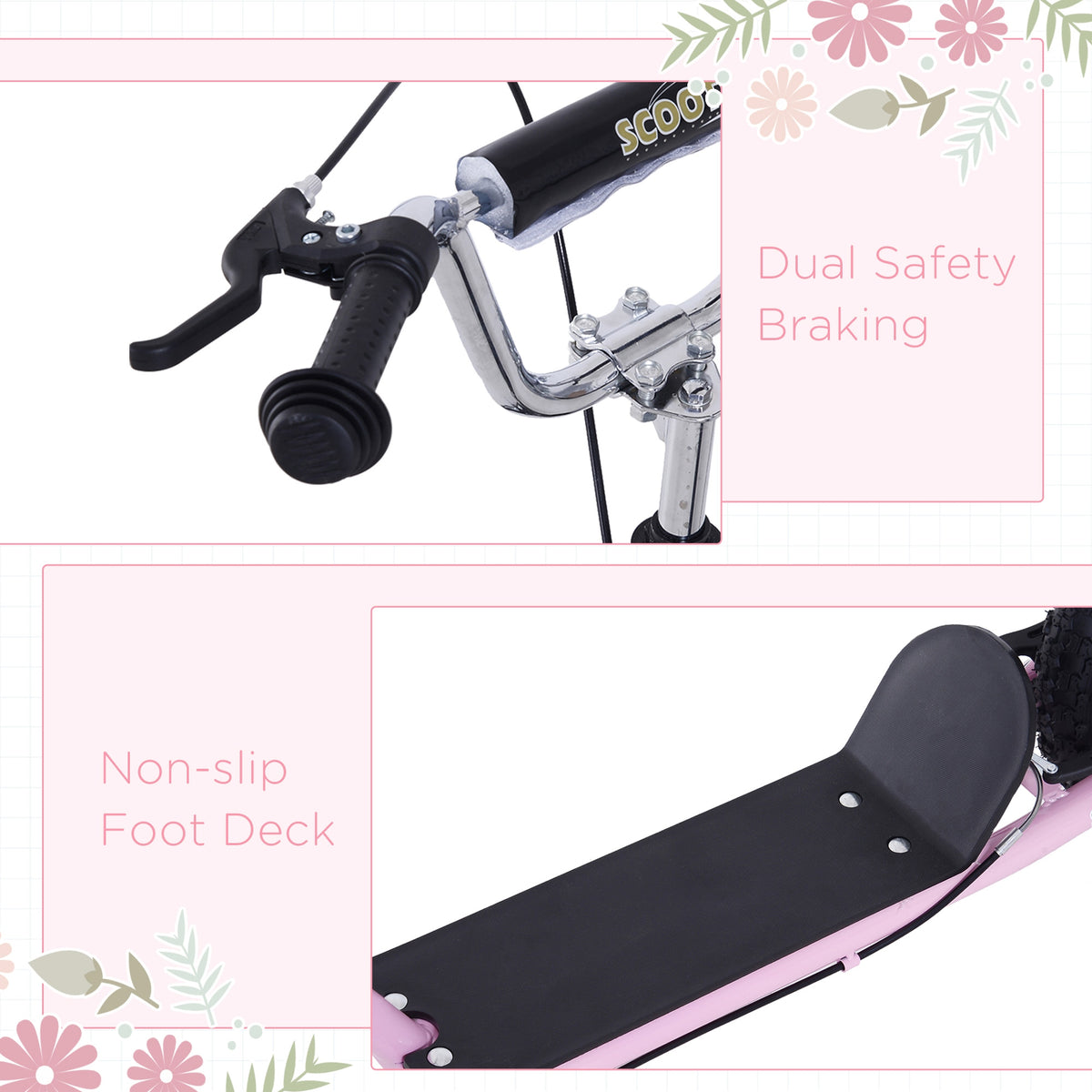 Pink HOMCOM kids scooter details showing dual brakes and a black non-slip deck