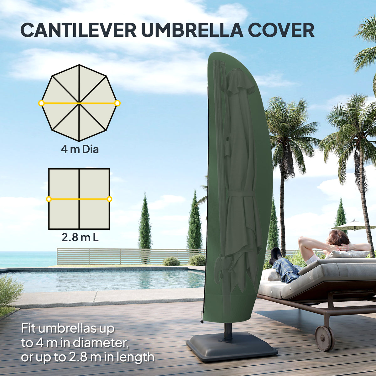 Outsunny Parasol Cover, 300D Oxford Cantilever Umbrella Cover Fit for 2-4m Parasol, Green