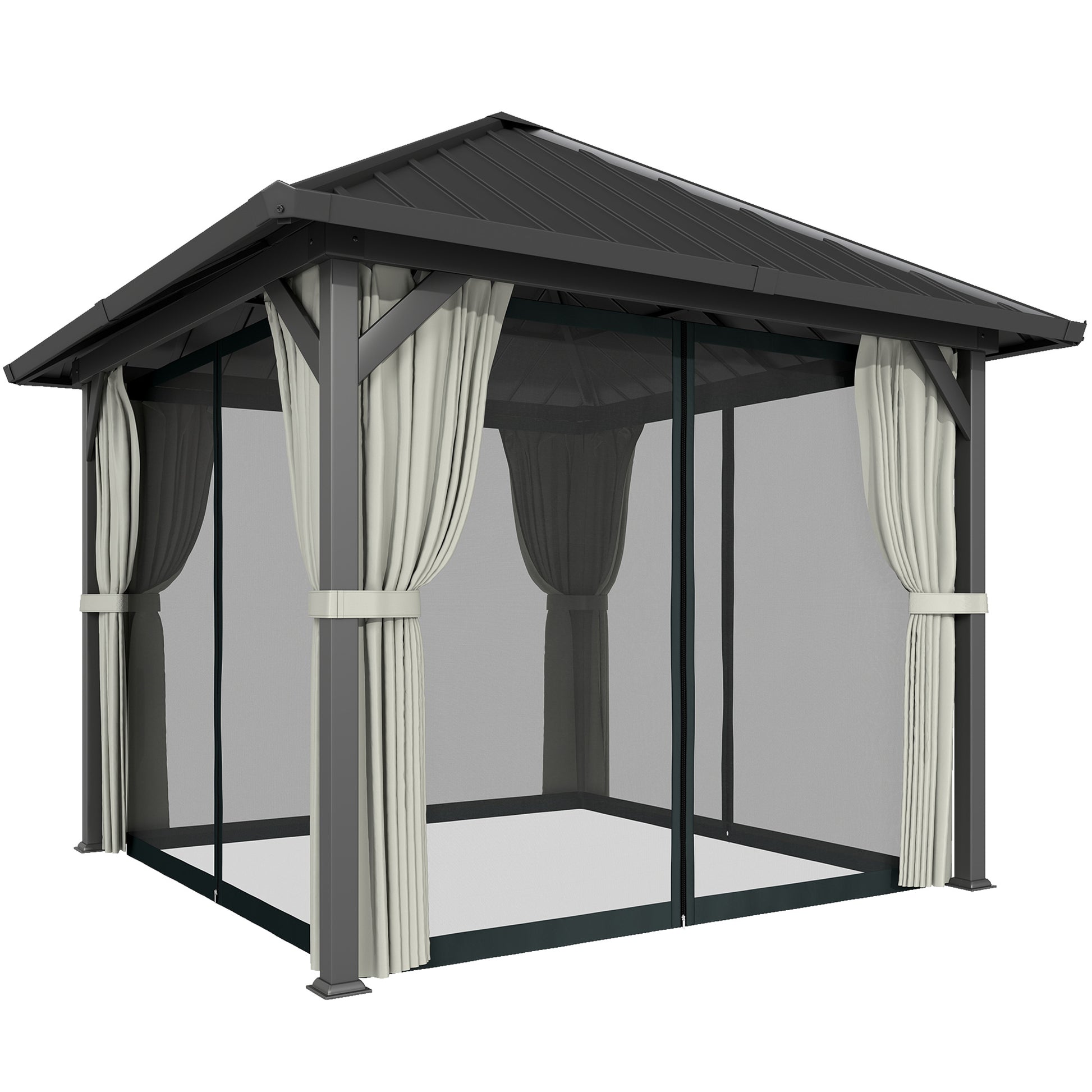 Photo of Outsunny 3 x 3(m) Hardtop Gazebo with Galvanised Steel Roof and Water Gutter, Waterproof Permanent Pavilion Garden Gazebo with Netting and Curtains for Patio, Deck, Black in Black colour on a white background