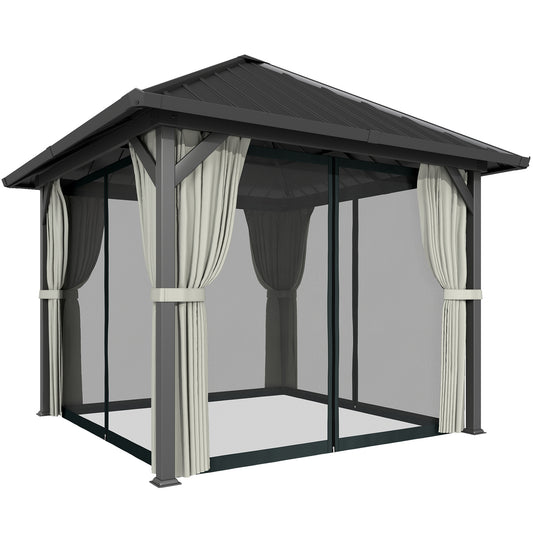 Photo of Outsunny 3 x 3(m) Hardtop Gazebo with Galvanised Steel Roof and Water Gutter, Waterproof Permanent Pavilion Garden Gazebo with Netting and Curtains for Patio, Deck, Black in Black colour on a white background