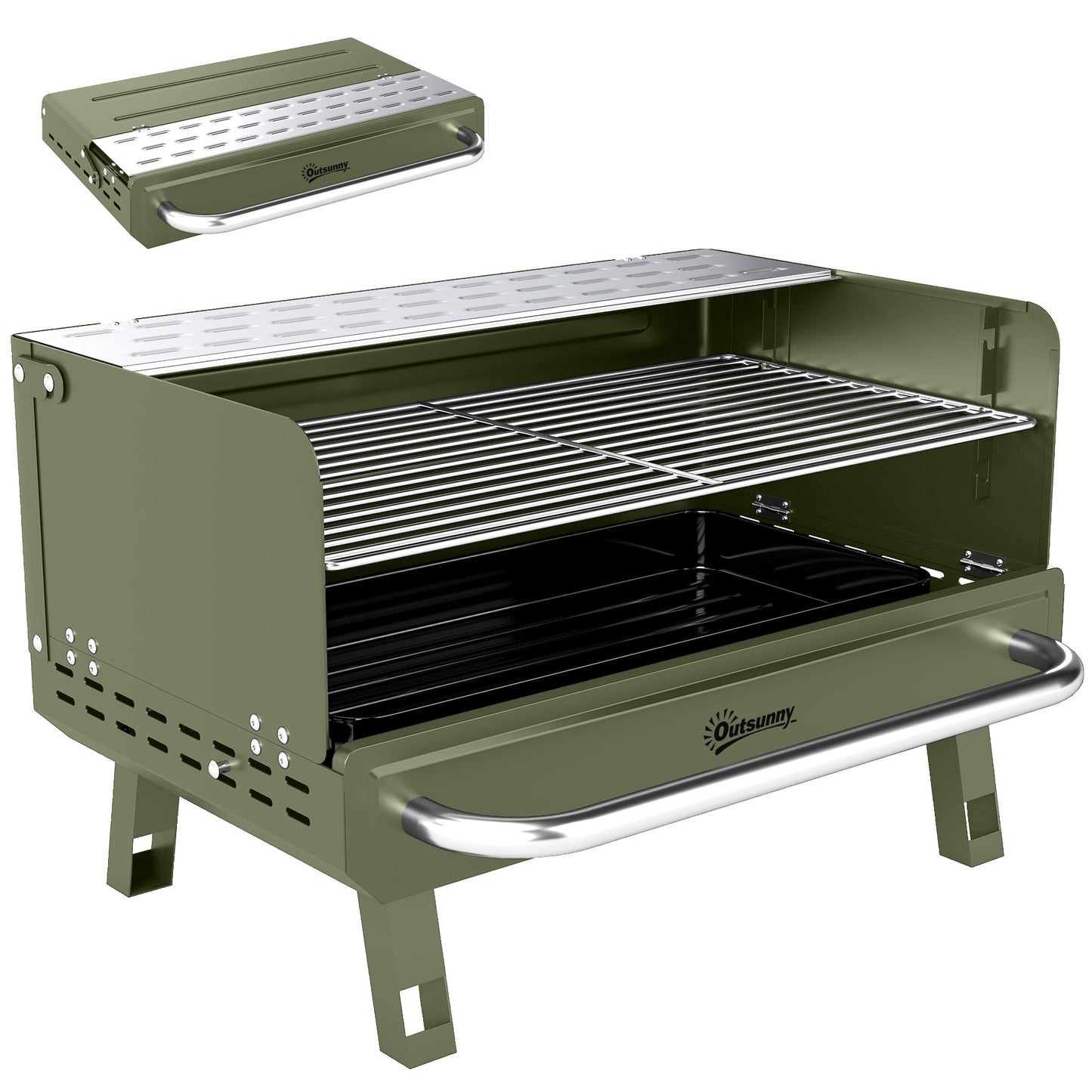 Photo of Outsunny Portable BBQ Grill, Charcoal Barbecue Grill with Adjustable Grates, Foldable Legs, Side Shelf for Camping Travel, Green in Green colour on a white background