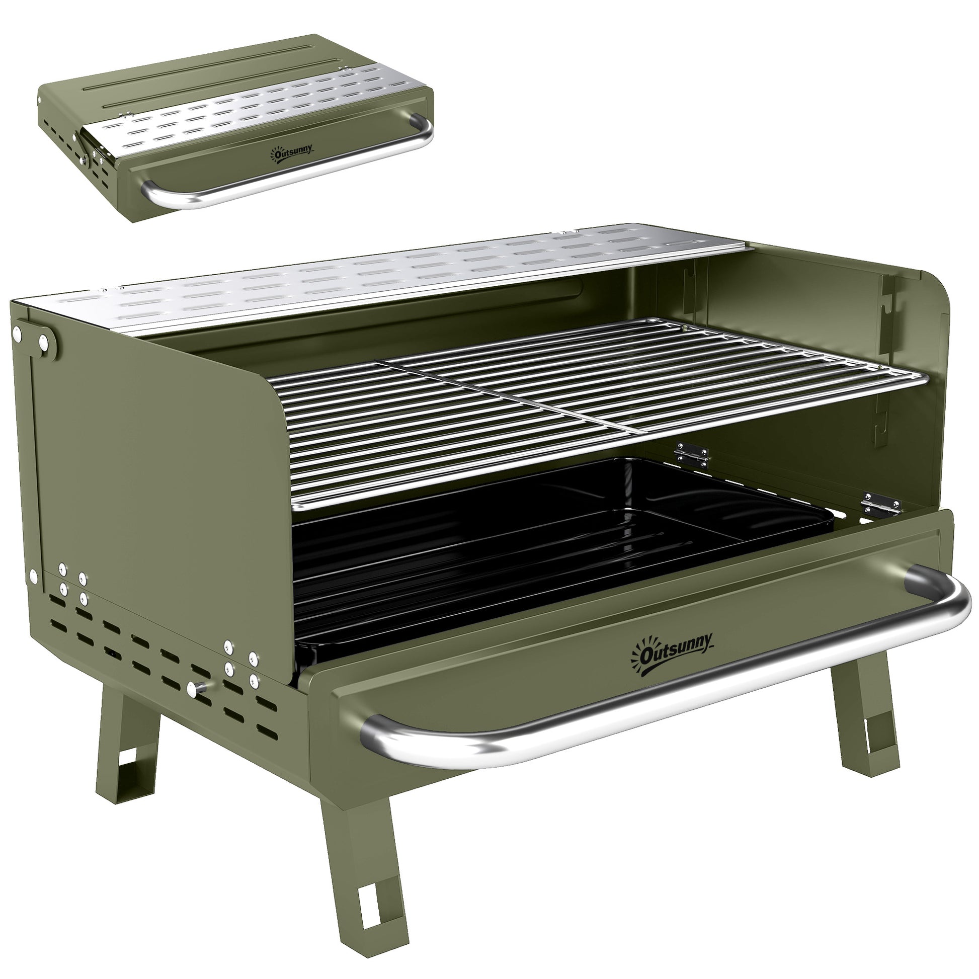 Photo of Outsunny Portable BBQ Grill, Charcoal Barbecue Grill with Adjustable Grates, Foldable Legs, Side Shelf for Camping Travel, Green in Green colour on a white background
