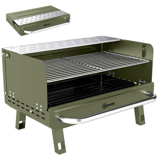 Photo of Outsunny Portable BBQ Grill, Charcoal Barbecue Grill with Adjustable Grates, Foldable Legs, Side Shelf for Camping Travel, Green in Green colour on a white background
