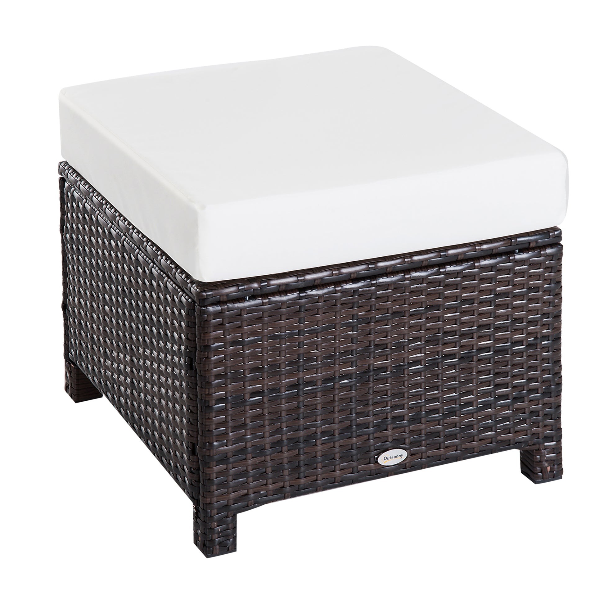Photo of Outsunny Rattan Footstool Wicker Ottoman with Padded Seat Cushion Outdoor Patio Furniture for Garden Poolside Living Room, 50 x 50 x 35 cm, Brown in Brown colour on a white background