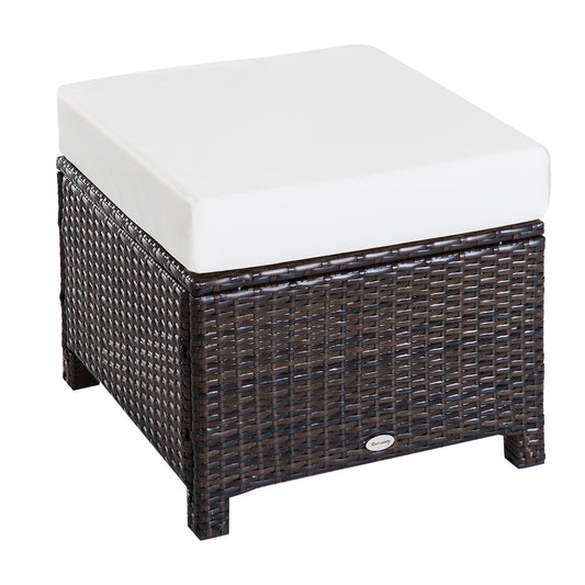 Photo of Outsunny Rattan Footstool Wicker Ottoman with Padded Seat Cushion Outdoor Patio Furniture for Garden Poolside Living Room, 50 x 50 x 35 cm, Brown in Brown colour on a white background
