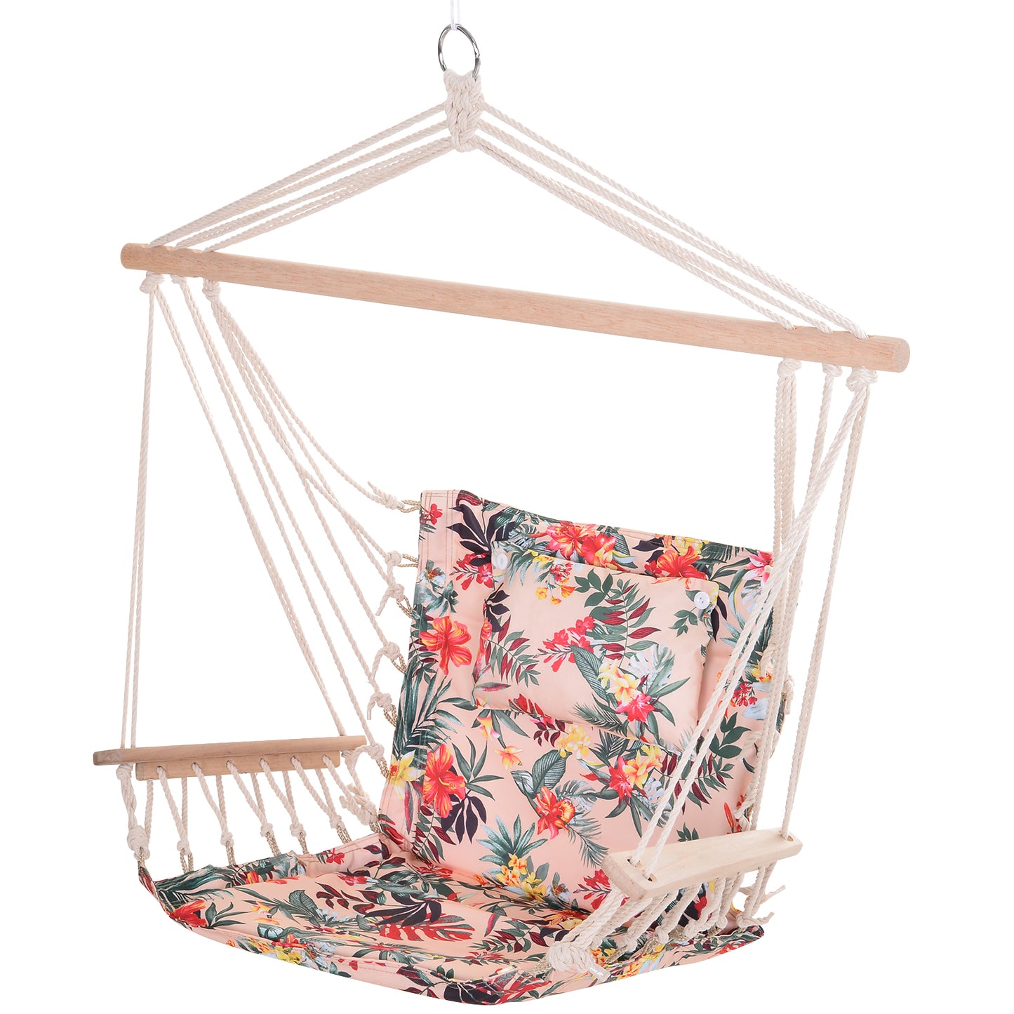 Photo of Outsunny Garden Outdoor Hanging Hammock Chair Thick Rope Frame Wooden Arms Safe Wide Seat Garden Outdoor Spot Stylish Multicoloured floral in floral colour on a white background
