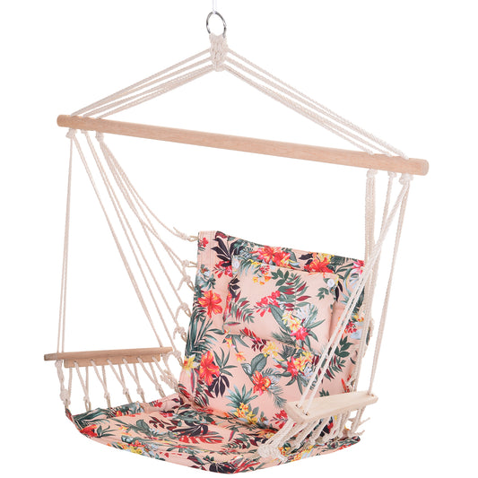 Photo of Outsunny Garden Outdoor Hanging Hammock Chair Thick Rope Frame Wooden Arms Safe Wide Seat Garden Outdoor Spot Stylish Multicoloured floral in floral colour on a white background