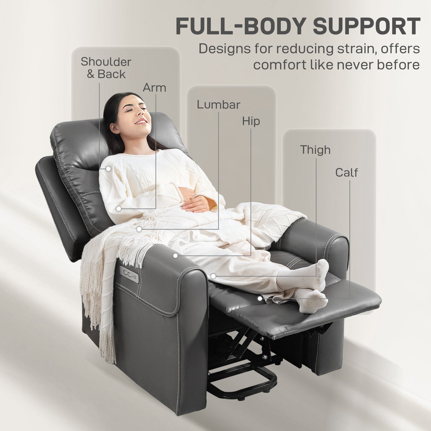 HOMCOM Power Lift Recliner Chair for Elderly, Overstuffed Faux Leather Riser and Reclining Chair with USB A+C Ports, Recliner Armchair for Living Room, Charcoal Grey
