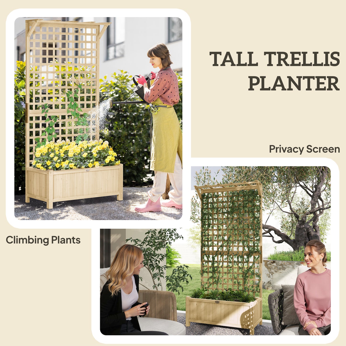 Outsunny Raised Bed & Privacy Screen with Drainage Holes, Wood Planter with Trellis for Climbing Plants to Grow Vegetables, Flowers, Natural