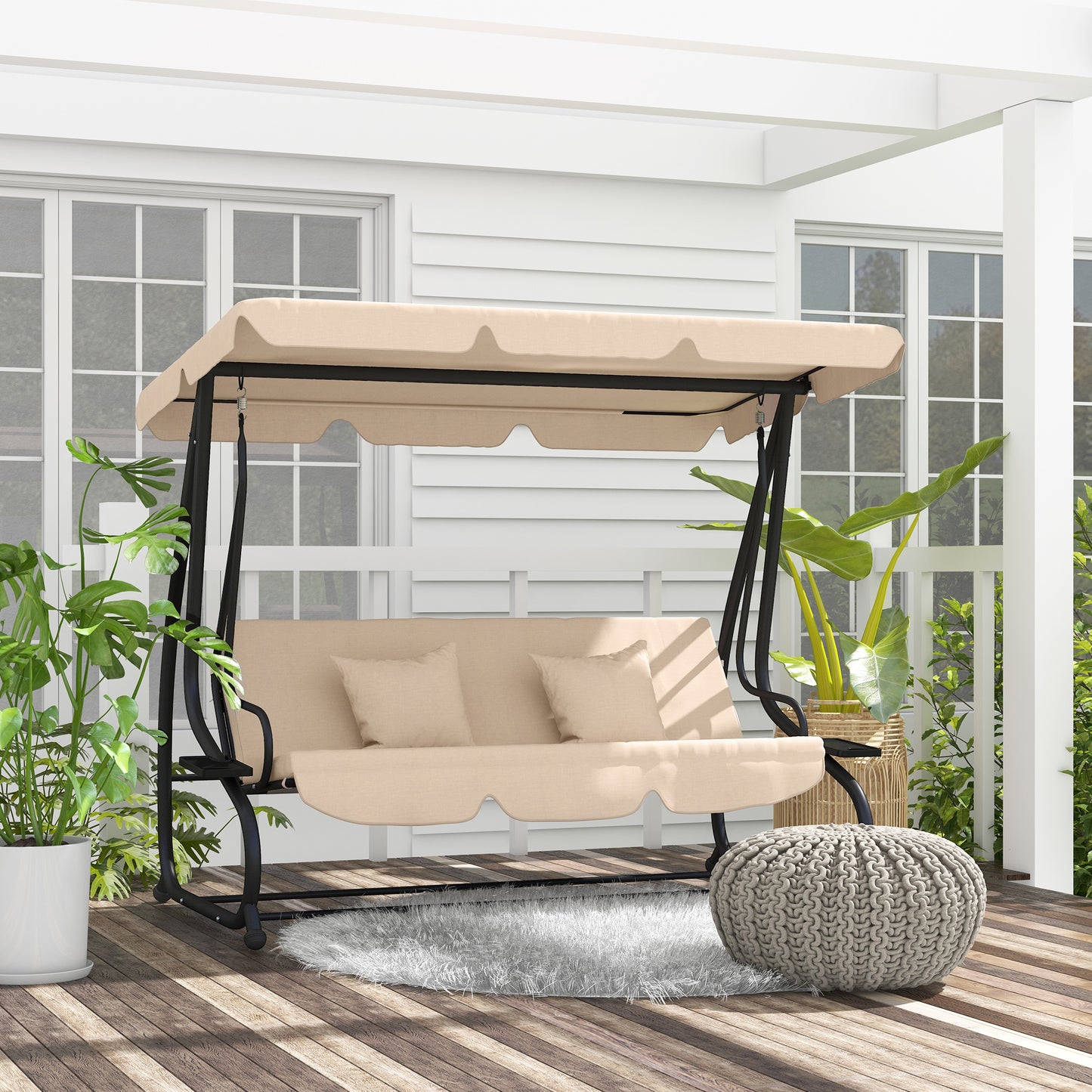 Outsunny Three-Person Garden Swing Chair, with Adjustable Canopy - Light Brown