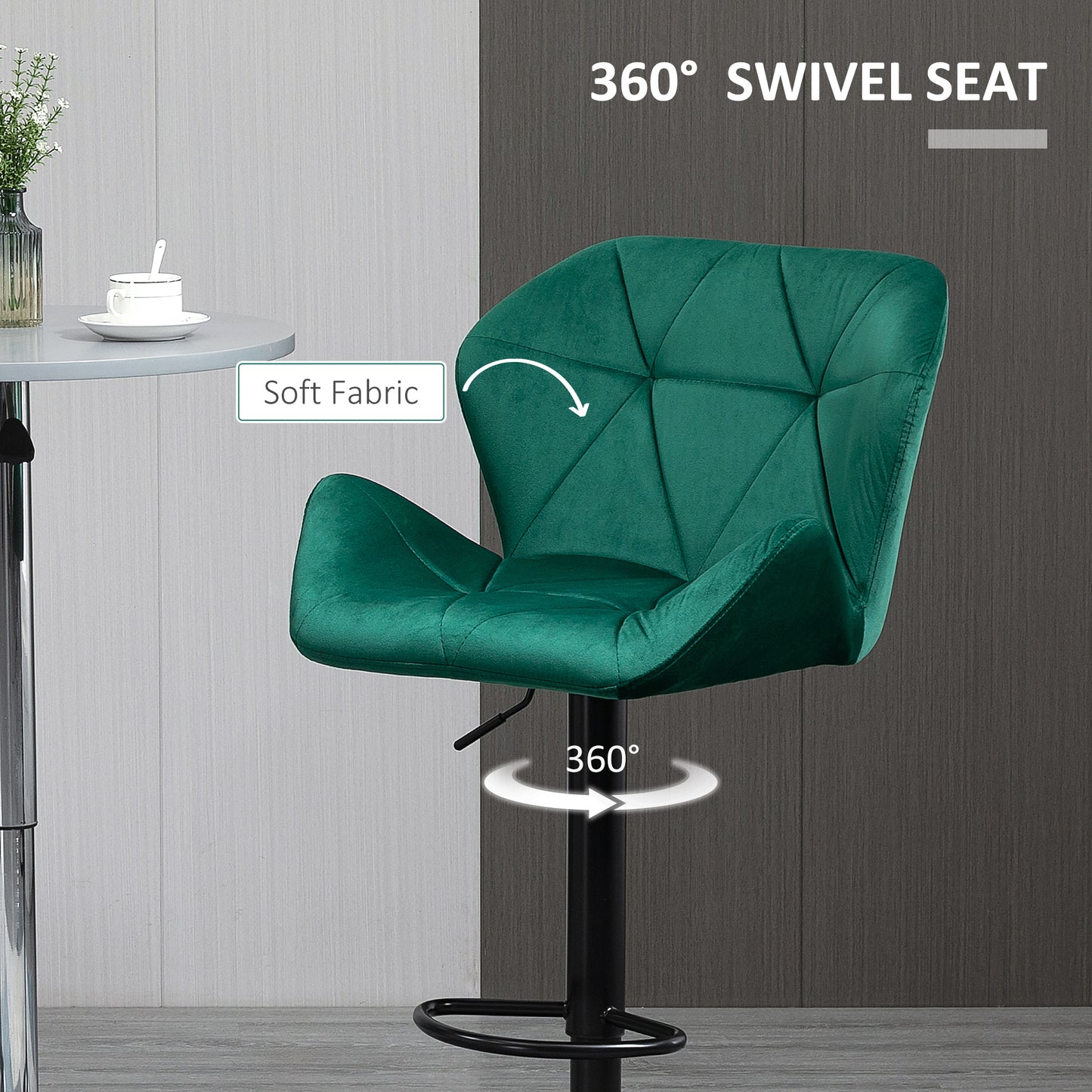 HOMCOM Bar Stools Set Of 2, Velvet-Touch Barstools with Metal Frame Footrest and Adjustable Height, Green