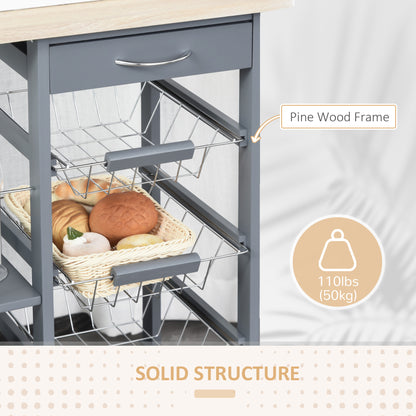 Gray kitchen cart with wire basket drawers, pine frame, and a wood-look top