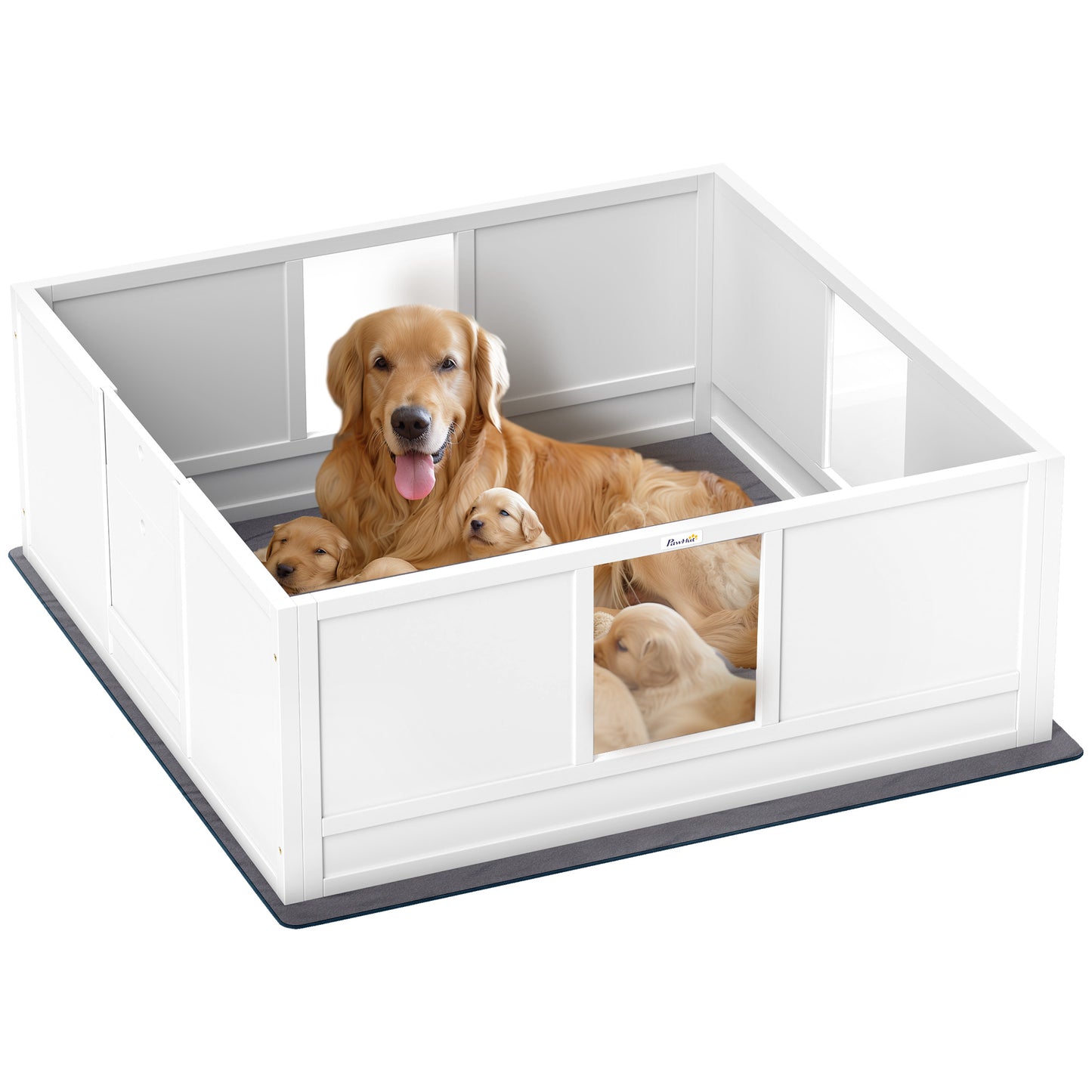 Photo of PawHut Whelping Box for Dogs with Whelping Pad, Adjustable Entrance, Non-slip Foot Pads, for Large Dogs, 124 x 120cm in 120cm colour on a white background