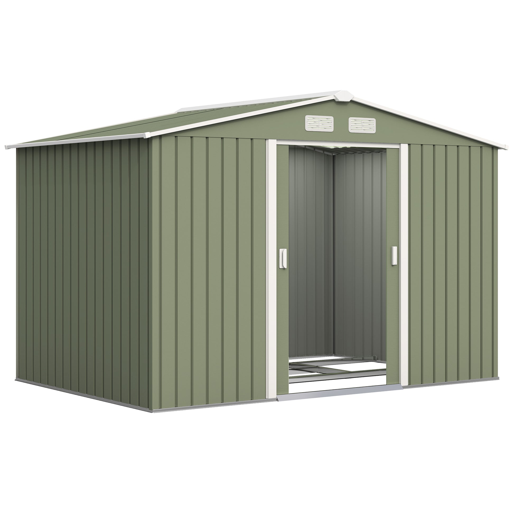 Photo of Outsunny 9 x 6ft Metal Garden Shed, Waterproof Outdoor Bike Storage Shed Galvanised with Vents, Foundation Kit, Apex Roof and Lockable Double Doors for Patio Lawn, Light Green in Green colour on a white background