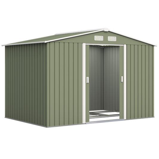Photo of Outsunny 9 x 6ft Metal Garden Shed, Waterproof Outdoor Bike Storage Shed Galvanised with Vents, Foundation Kit, Apex Roof and Lockable Double Doors for Patio Lawn, Light Green in Green colour on a white background