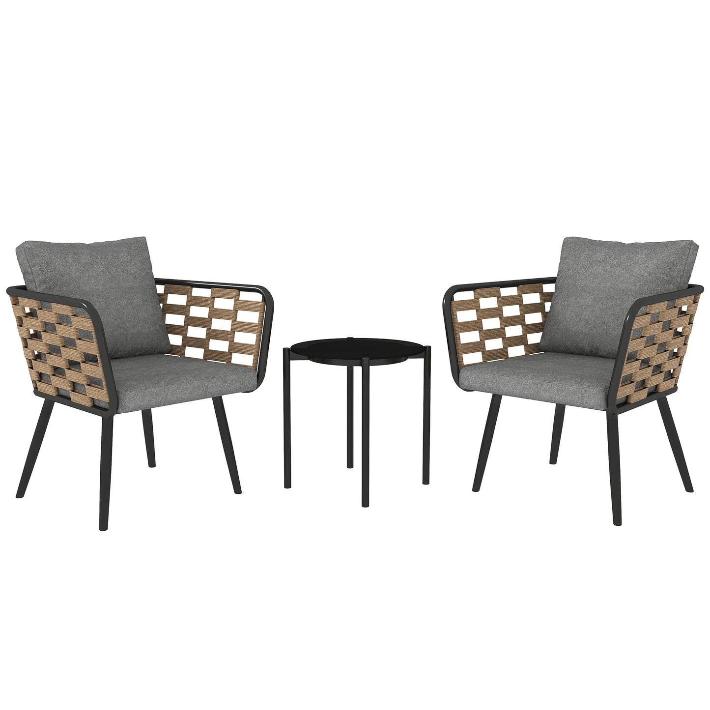 Photo of Outsunny 3 Pieces Rattan Bistro Set with Washable Seat and Back Cushions, Glass Top Coffee Table, for Outdoor, Patio, Black in Black colour on a white background
