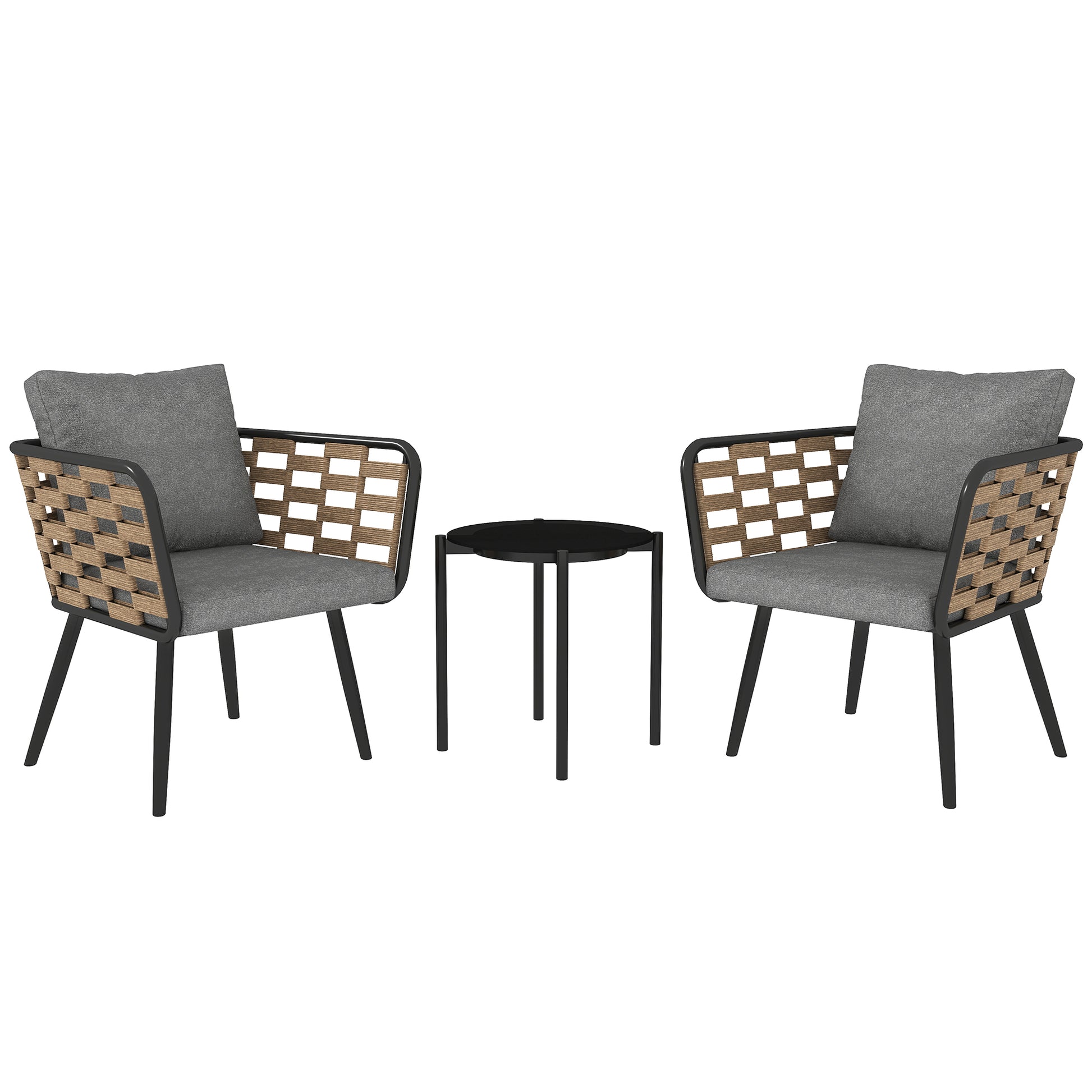 Photo of Outsunny 3 Pieces Rattan Bistro Set with Washable Seat and Back Cushions, Glass Top Coffee Table, for Outdoor, Patio, Black in Black colour on a white background
