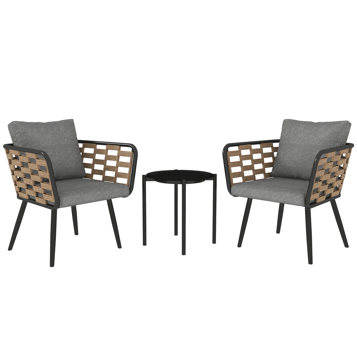 Photo of Outsunny 3 Pieces Rattan Bistro Set with Washable Seat and Back Cushions, Glass Top Coffee Table, for Outdoor, Patio, Black in Black colour on a white background