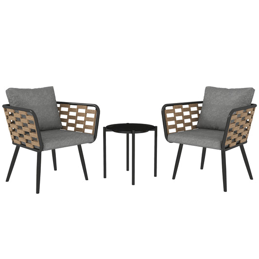Photo of Outsunny 3 Pieces Rattan Bistro Set with Washable Seat and Back Cushions, Glass Top Coffee Table, for Outdoor, Patio, Black in Black colour on a white background