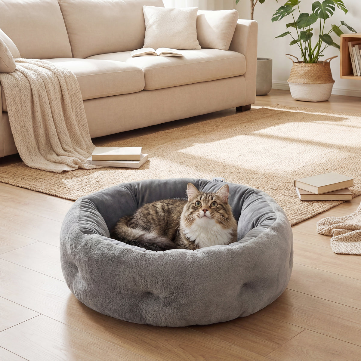 PawHut Cat Bed, Reversible Dog Pet Bed for Indoor Cats and Small Dogs, Round Bed with Supportive Bolster, Dark Grey