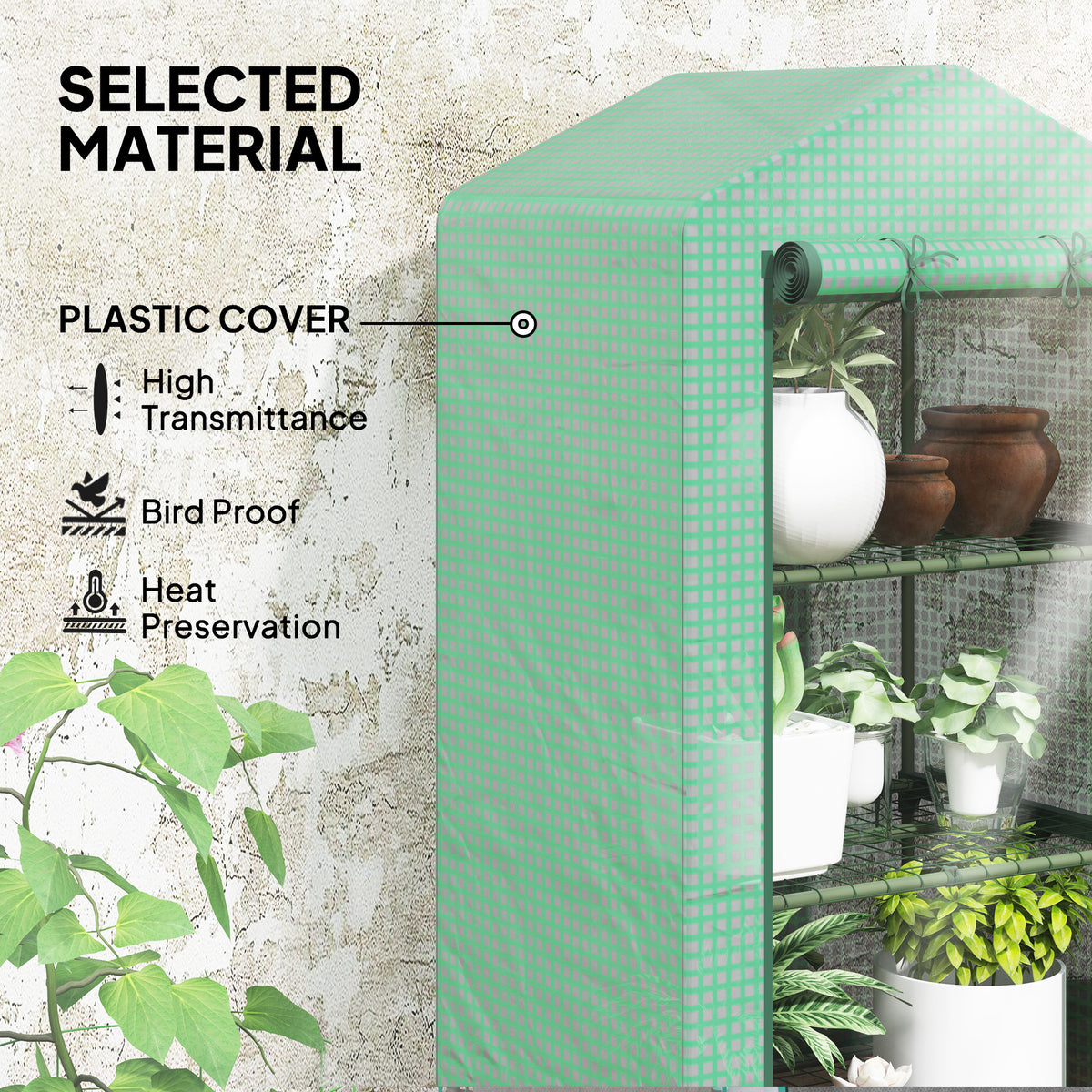 Outsunny mini greenhouse with green plastic cover and potted plants on three wire shelves